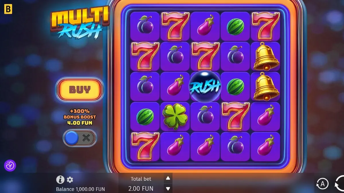 Interface vibrante e neon do slot Multi Rush da BGaming