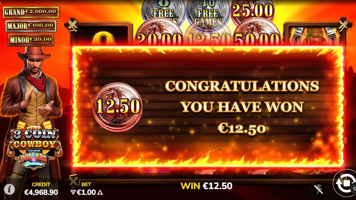 Interface do jogo 3 Coin Cowboy Dollars & Dreams com temática de Velho Oeste